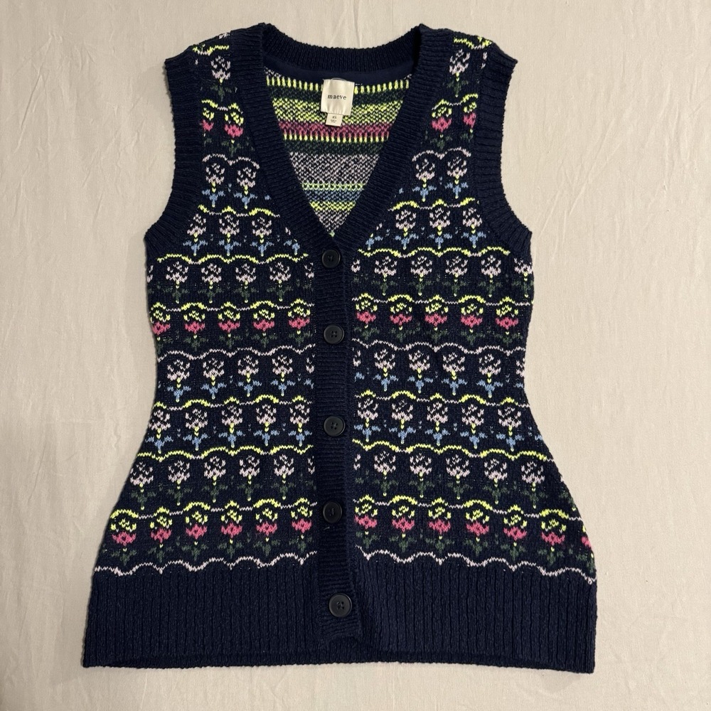 Anthropologie Maeve Sweater Vest Navy Blue Womens XS Knit Button Cardigan